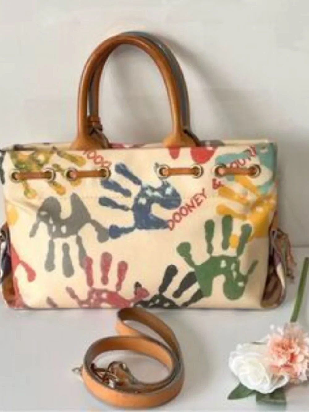 DOONEY & BOURKE Authentic Vintage Y2K Leather Baby Hands Print Tassel Bag